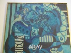 Large MID Century Painting Abstract Cubist Cubism Couple Blue Lovers Vintage Oil