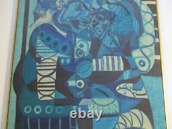 Large MID Century Painting Abstract Cubist Cubism Couple Blue Lovers Vintage Oil