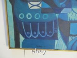 Large MID Century Painting Abstract Cubist Cubism Couple Blue Lovers Vintage Oil