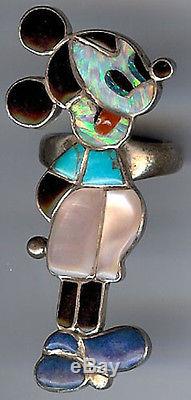 Large Signed Vintage Zuni Indian Sterling Inlaid Multi Stone Mickey Mouse Ring