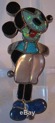 Large Signed Vintage Zuni Indian Sterling Inlaid Multi Stone Mickey Mouse Ring