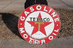 Large Vintage 1930's Texaco Gasoline Motor Oil 2 Sided 42 Porcelain Metal Sign
