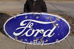 Large Vintage 1940's Ford Car Dealership Gas Oil 73 Porcelain Neon Metal Sign