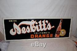 Large Vintage 1940's Nesbitt's 5c Orange Soda Pop Bottle 55 Embossed Metal Sign
