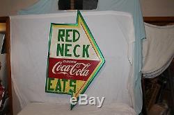Large Vintage 1950's Coca Cola Red Neck Eats Restaurant Soda Pop 54 Metal Sign
