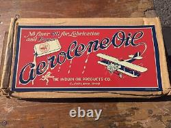 MAKE OFFER! Vintage Aerolene Indian Oil Metal Sign Airplane Gas NOS WithWax Paper