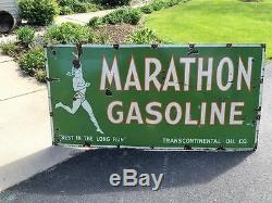 Old Original Vintage Marathon Gasoline Porcelain Advertising Sign Double Sided
