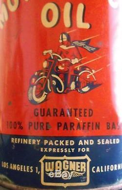 Old Vintage Full Wagner Motorcycle Metal Quart Oil Can Tin Sign Gas Harley Hd