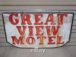 Old Rare Great View Motel Roadside Hotel Hanging Wood Trade Sign Vintage Antique