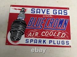 Old Vintage Blue Crown Spark Plugs Porcelain Heavy Metal Gas Station Sign Pin Up