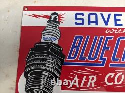 Old Vintage Blue Crown Spark Plugs Porcelain Heavy Metal Gas Station Sign Pin Up