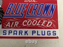 Old Vintage Blue Crown Spark Plugs Porcelain Heavy Metal Gas Station Sign Pin Up