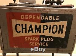 Old Vintage Champion Spark Plug Service Tester and Cleaner Station Sign on front