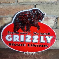 Old Vintage Grizzly Brake Lining Porcelain Gas Station Metal Sign Pump 9 X 12