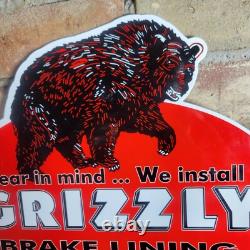 Old Vintage Grizzly Brake Lining Porcelain Gas Station Metal Sign Pump 9 X 12