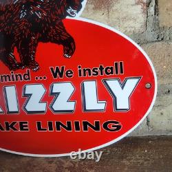 Old Vintage Grizzly Brake Lining Porcelain Gas Station Metal Sign Pump 9 X 12