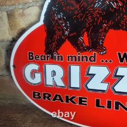 Old Vintage Grizzly Brake Lining Porcelain Gas Station Metal Sign Pump 9 X 12