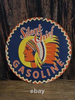 Old Vintage Silent Chief Gasoline Porcelain Gas Pump Heavy Metal Sign 12