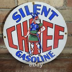 Old Vintage Silent Chief Gasoline Porcelain Gas Pump Heavy Metal Sign 12