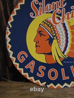 Old Vintage Silent Chief Gasoline Porcelain Gas Pump Heavy Metal Sign 12