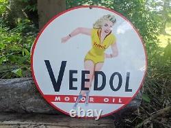 Old Vintage Veedol Motor Oil Gasoline Porcelain Enamel Gas Station Pump Sign