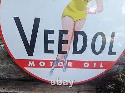 Old Vintage Veedol Motor Oil Gasoline Porcelain Enamel Gas Station Pump Sign