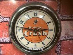 Old Vtg Westclox Chrome Deco Advertising Orange Crush Soda Diner Wall Clock Sign