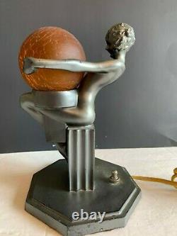 Original American Art Deco Signed Frankart Gunmetal Lamp Seated Nude