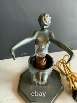 Original American Art Deco Signed Frankart Gunmetal Lamp Seated Nude