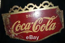 Original Vintage 1930s Drink Coca Cola 2 Sided Metal Flange Art Deco Sign