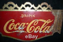 Original Vintage 1930s Drink Coca Cola 2 Sided Metal Flange Art Deco Sign