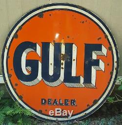 Original Vintage Double Sided Porcelain Gulf Pinstripe Dealer Advertising Sign