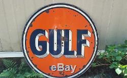 Original Vintage Double Sided Porcelain Gulf Pinstripe Dealer Advertising Sign