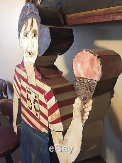 Original Vintage Lighted Boy Holding Cone 5 Cents Ice Cream Trade Sign