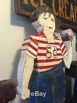 Original Vintage Lighted Boy Holding Cone 5 Cents Ice Cream Trade Sign