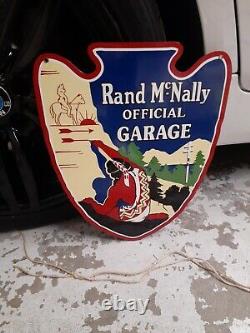 Original Vintage Rand McNally Official Garage Sign Porcelain Gas Oil Indian Soda