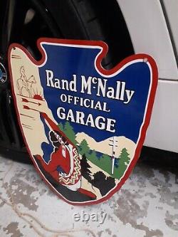 Original Vintage Rand McNally Official Garage Sign Porcelain Gas Oil Indian Soda