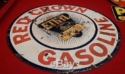 Original Vintage Sign Red Crown Ethyl Gasoline Double Sided Porcelain 30 Dia
