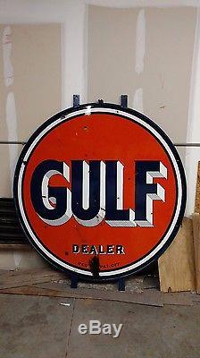 Original vintage 2 sided Gulf porcelain Dealer sign with very rare sign ring