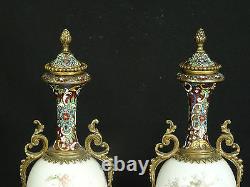 PAIR ANTIQUE 19c SIGNED DALY ORMOLU MOUNTED SEVRES STYLE PORCELAIN CHAMPLEVE URN