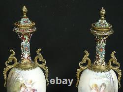 PAIR ANTIQUE 19c SIGNED DALY ORMOLU MOUNTED SEVRES STYLE PORCELAIN CHAMPLEVE URN