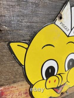 Piggly Wiggly Vintage Porcelain Sign Gas & Oil Diecut Pig Soda Food Store Market