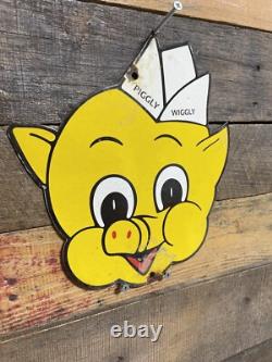 Piggly Wiggly Vintage Porcelain Sign Gas & Oil Diecut Pig Soda Food Store Market