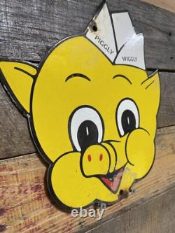 Piggly Wiggly Vintage Porcelain Sign Gas & Oil Diecut Pig Soda Food Store Market