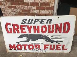 RARE VINTAGE SUPER GREYHOUND MOTOR FUEL GAS AND OIL PORCELAIN SIGN 3ft X 5ft