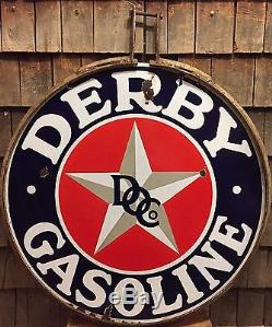 RARE Vintage Original DERBY GASOLINE Gas Station 2 Sided Porcelain Sign W Ring