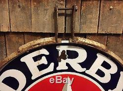 RARE Vintage Original DERBY GASOLINE Gas Station 2 Sided Porcelain Sign W Ring
