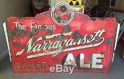 RARE Vintage The Famous NARRAGANSETT Lager & Ale Beer 2 Sided Porcelain Sign 69