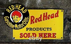 RED HEAD Gasoline-Motor Oils SOLD HERE Porcelain Vintage Sign, 7 x 12