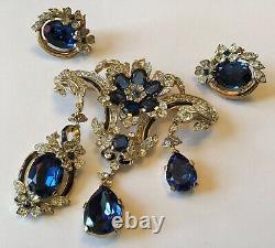 Rare Crown Trifari Signed Empress Sapphire Blue Rhinestone Brooch & Earrings